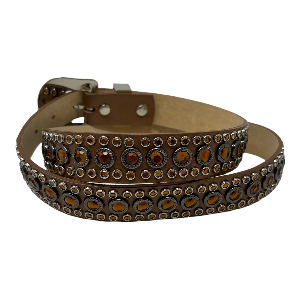 Olga Santini Studded Crystal Leather Belt XL Brown Western Rodeo Cowgirl Bling - Picture 2 of 4